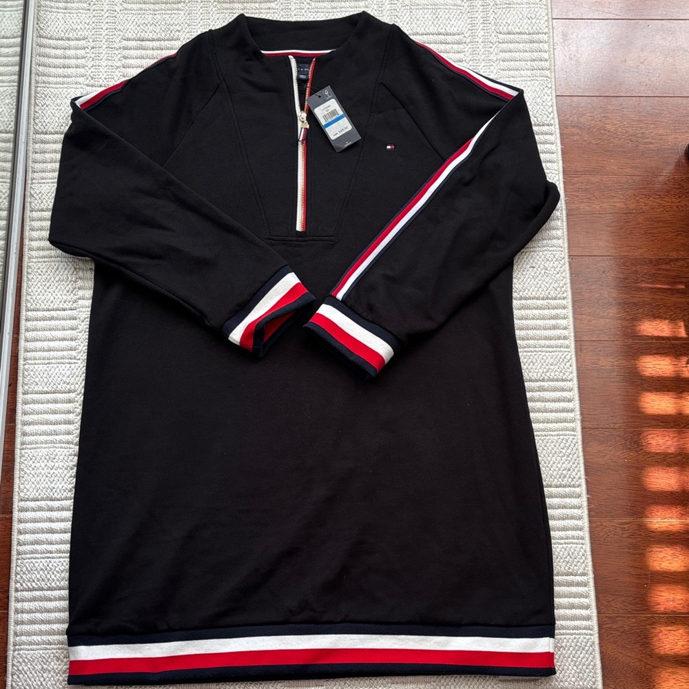 Tommy Hilfiger Black Zip Up Sweater with Red and White Accents